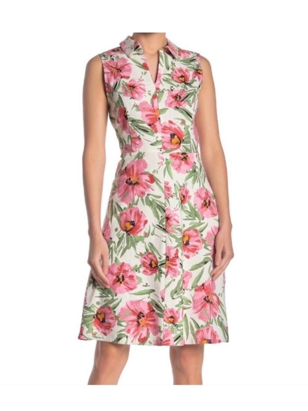 Tahari Pink Floral Sleeveless Collared Midi Dress - Picture 5 of 15